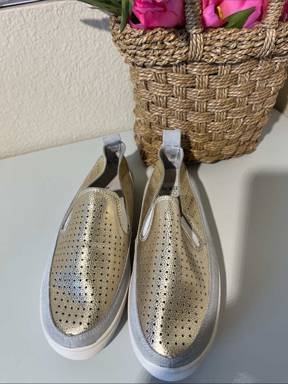 bernie mev. Metallic Gold and Silver Perforated Slip-On